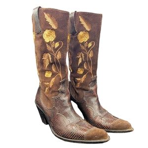 VTG WOMENS ANTONIO MELANI COWBOY SNAKE PRINT SUEDE BROWN BOOTS SIZE 8